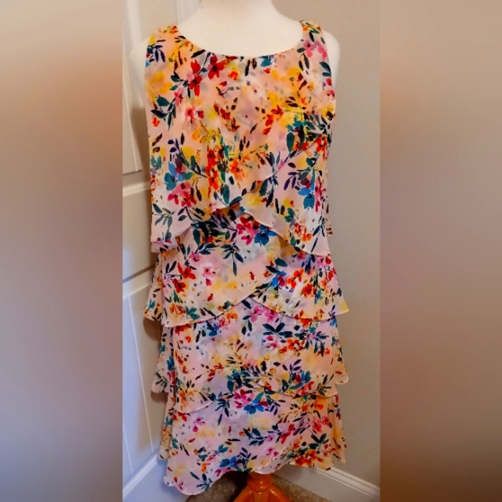 SLNY SLEEVELESS TIERED CHIFFON DRESS SZ 12 PINK WITH FLORAL PATTERN